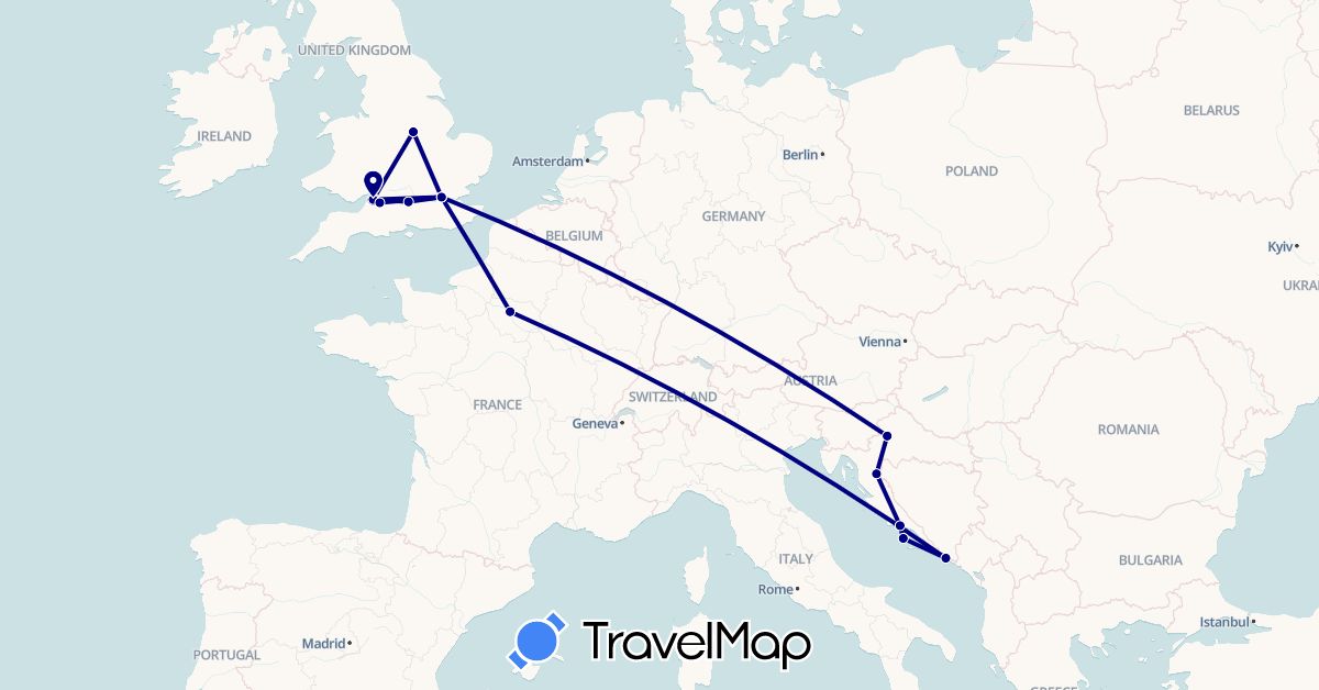 TravelMap itinerary: driving in France, United Kingdom, Croatia (Europe)
