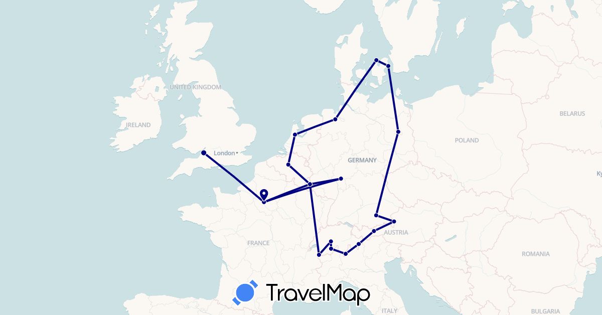 TravelMap itinerary: driving in Austria, Belgium, Switzerland, Germany, Denmark, France, United Kingdom, Italy, Luxembourg, Netherlands (Europe)